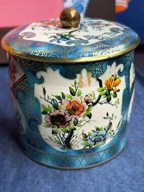 Vintage Round Gold-Tone Tin with Turquoise Edge